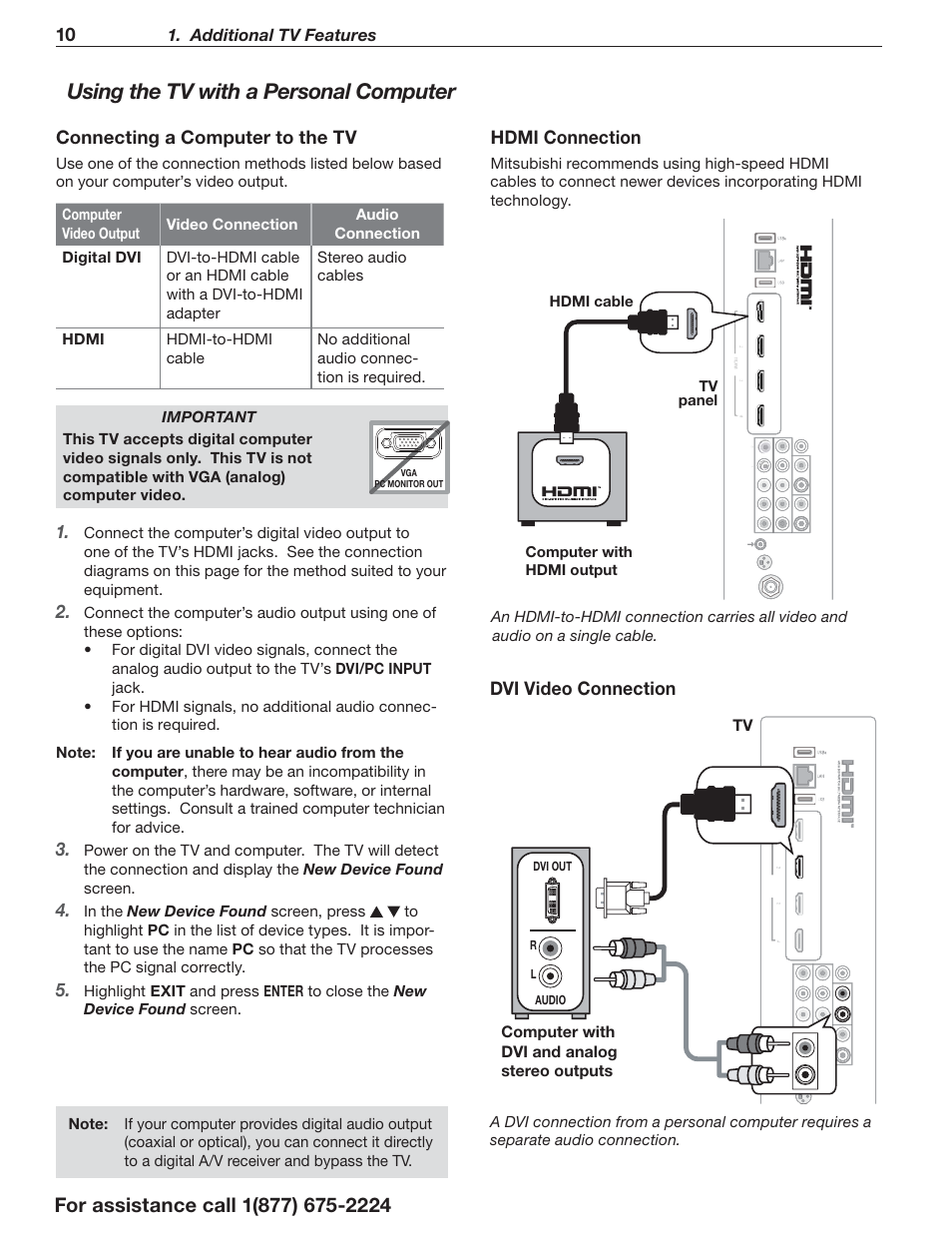 Using the tv with a pe rsonal computer, Hdmi connection, Dvi video connection | Connecting a computer to the tv, Additional tv features, Computer with dvi and analog stereo outputs tv, Dvi out audio r l | MITSUBISHI ELECTRIC LaserVue L75-A94 User Manual | Page 10 / 50
