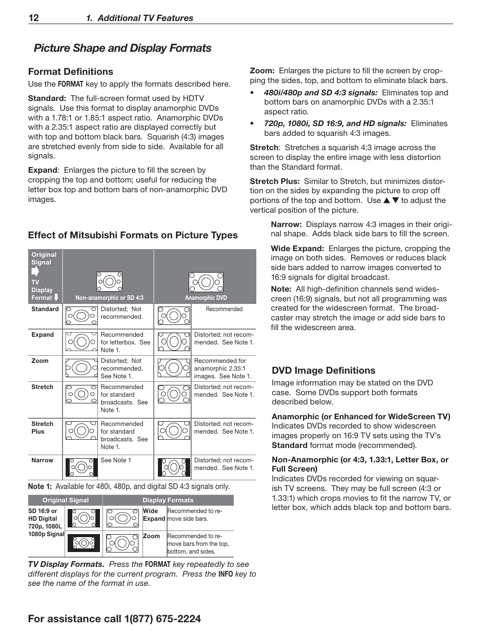 Picture shape and display formats, Dvd image definitions, Fo rmat definitions | Effect of mitsubishi formats on picture types | MITSUBISHI ELECTRIC LaserVue L75-A94 User Manual | Page 12 / 50