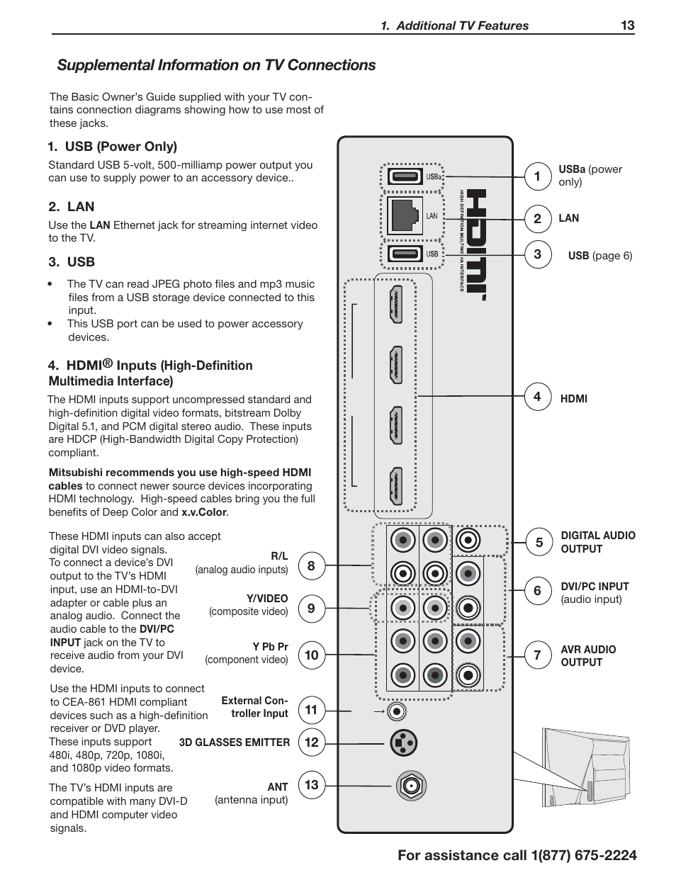 Supplemental information on tv connections, Usb (power only) | MITSUBISHI ELECTRIC LaserVue L75-A94 User Manual | Page 13 / 50