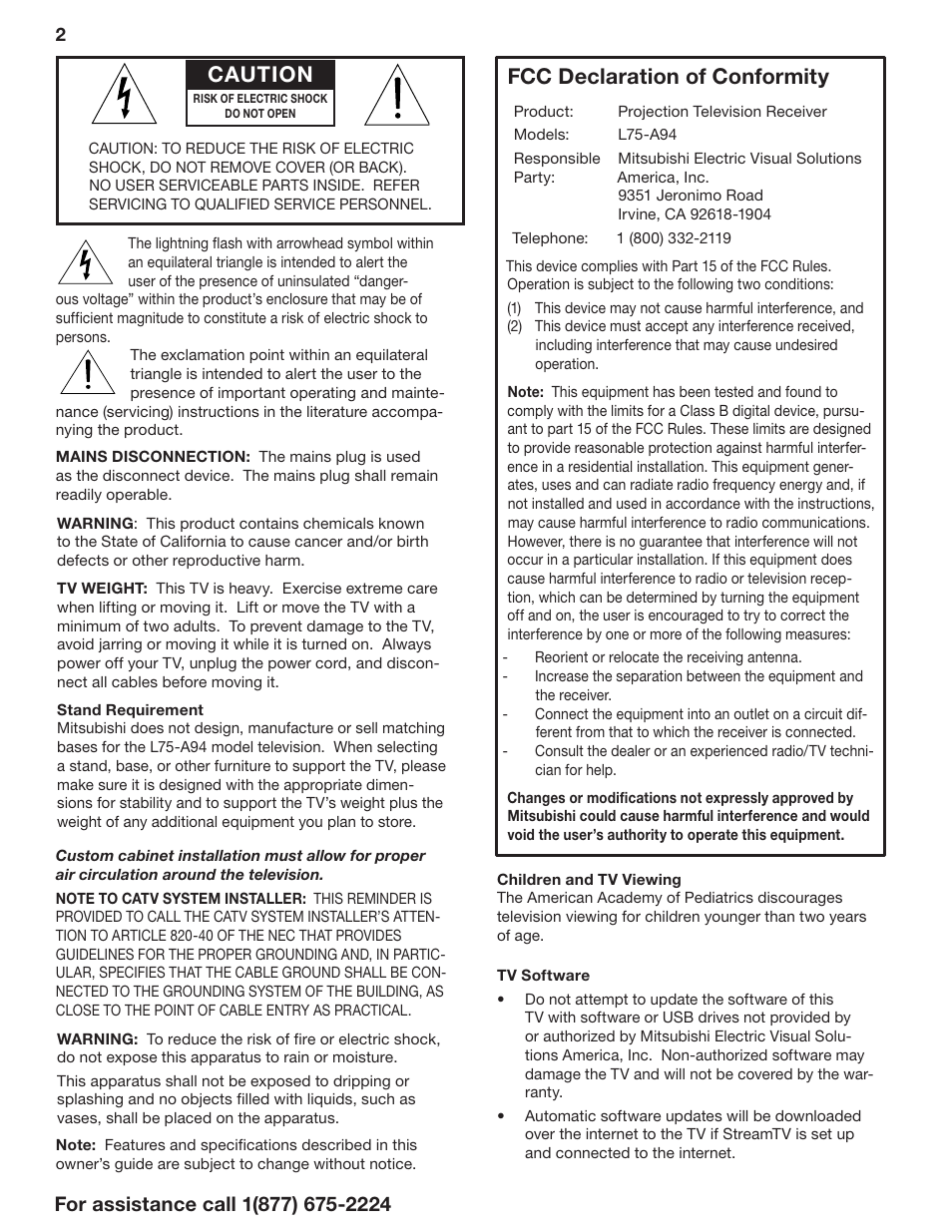 Caution, Fcc declaration of conformity | MITSUBISHI ELECTRIC LaserVue L75-A94 User Manual | Page 2 / 50