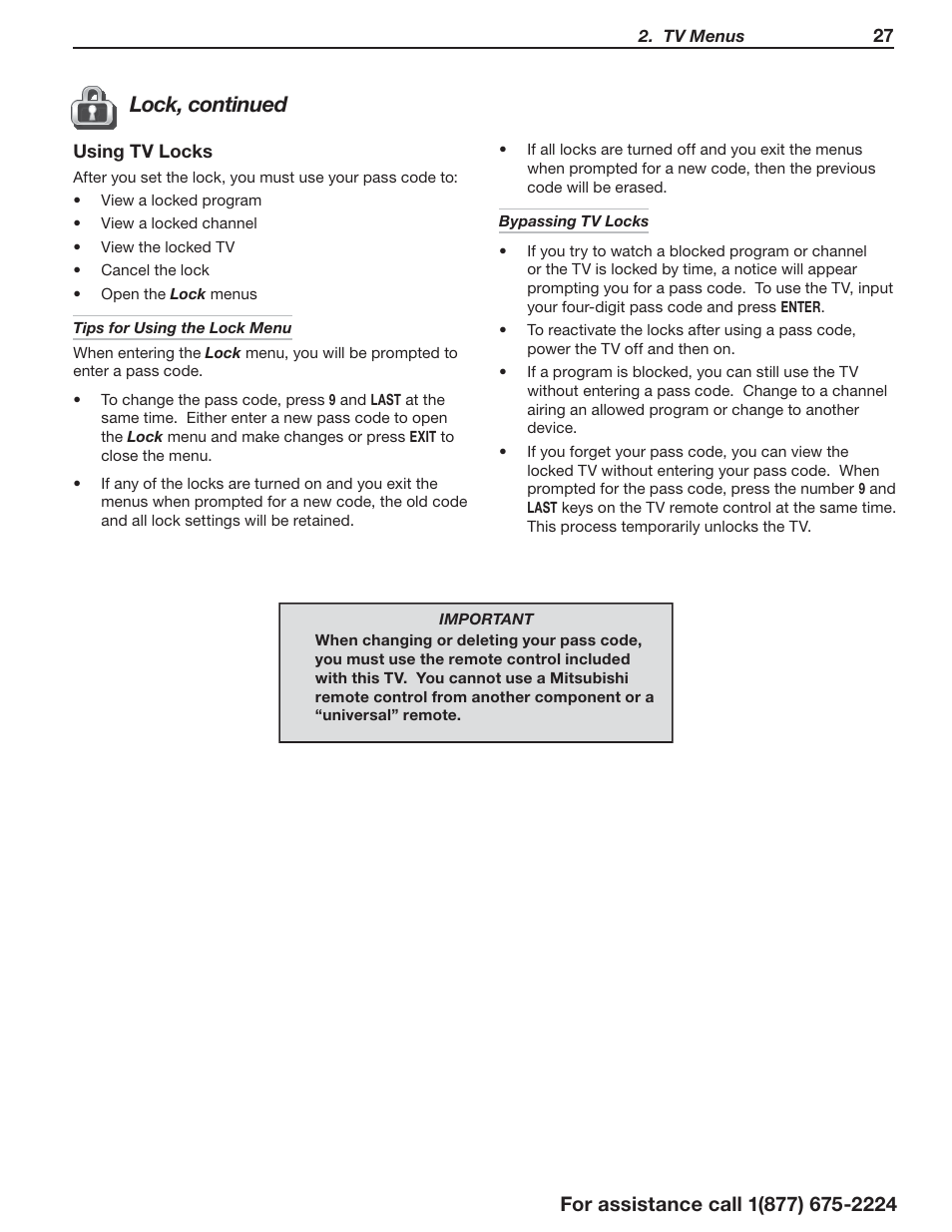 Lock, continued | MITSUBISHI ELECTRIC LaserVue L75-A94 User Manual | Page 27 / 50