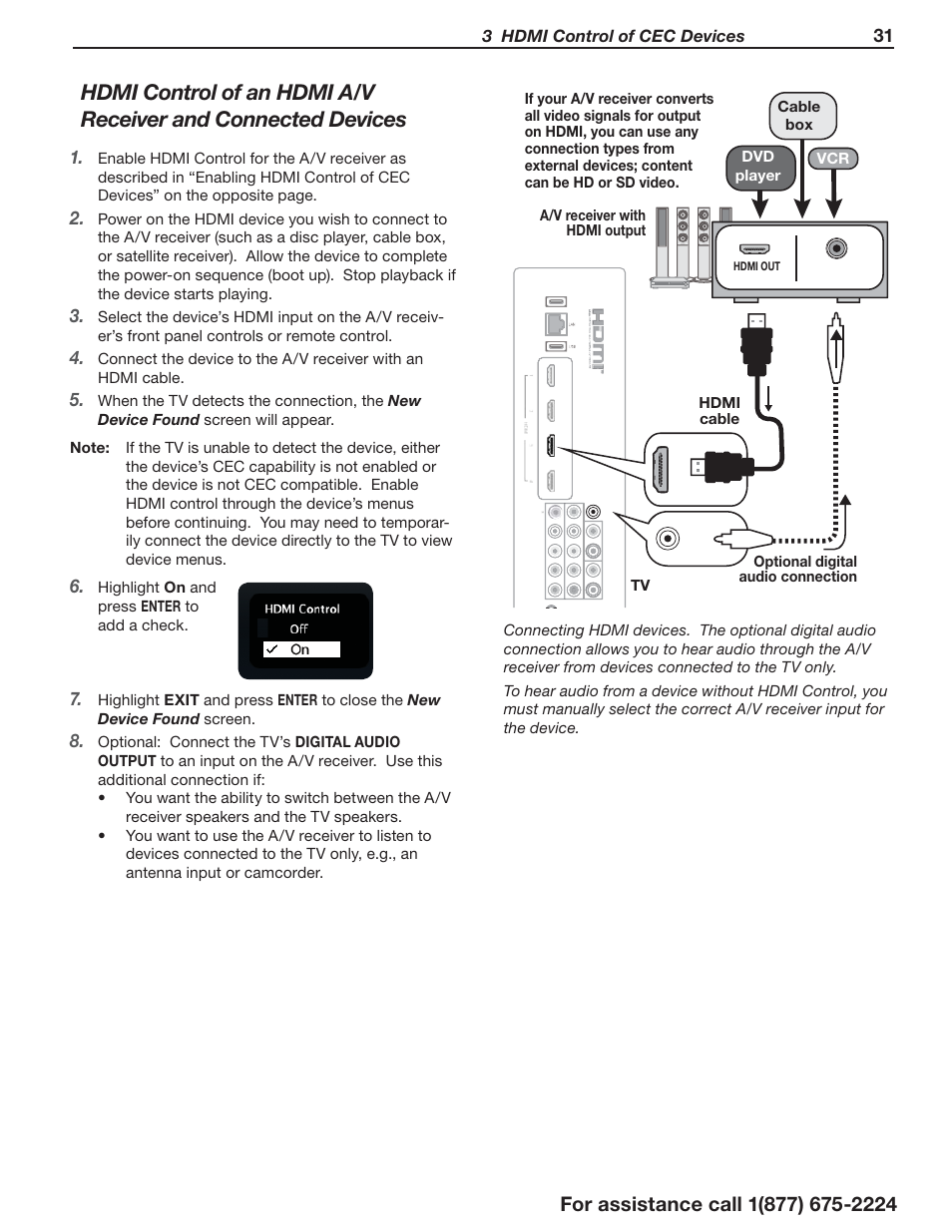 3 hdmi control of cec devices, Highlight on and press enter to add a check, Vcr cable box dvd player | Hdmi out | MITSUBISHI ELECTRIC LaserVue L75-A94 User Manual | Page 31 / 50