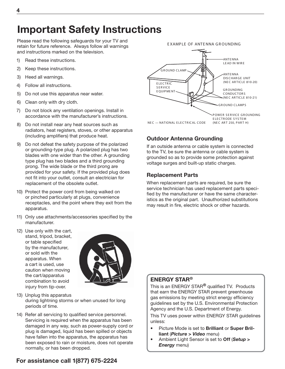 Important safety instructions | MITSUBISHI ELECTRIC LaserVue L75-A94 User Manual | Page 4 / 50