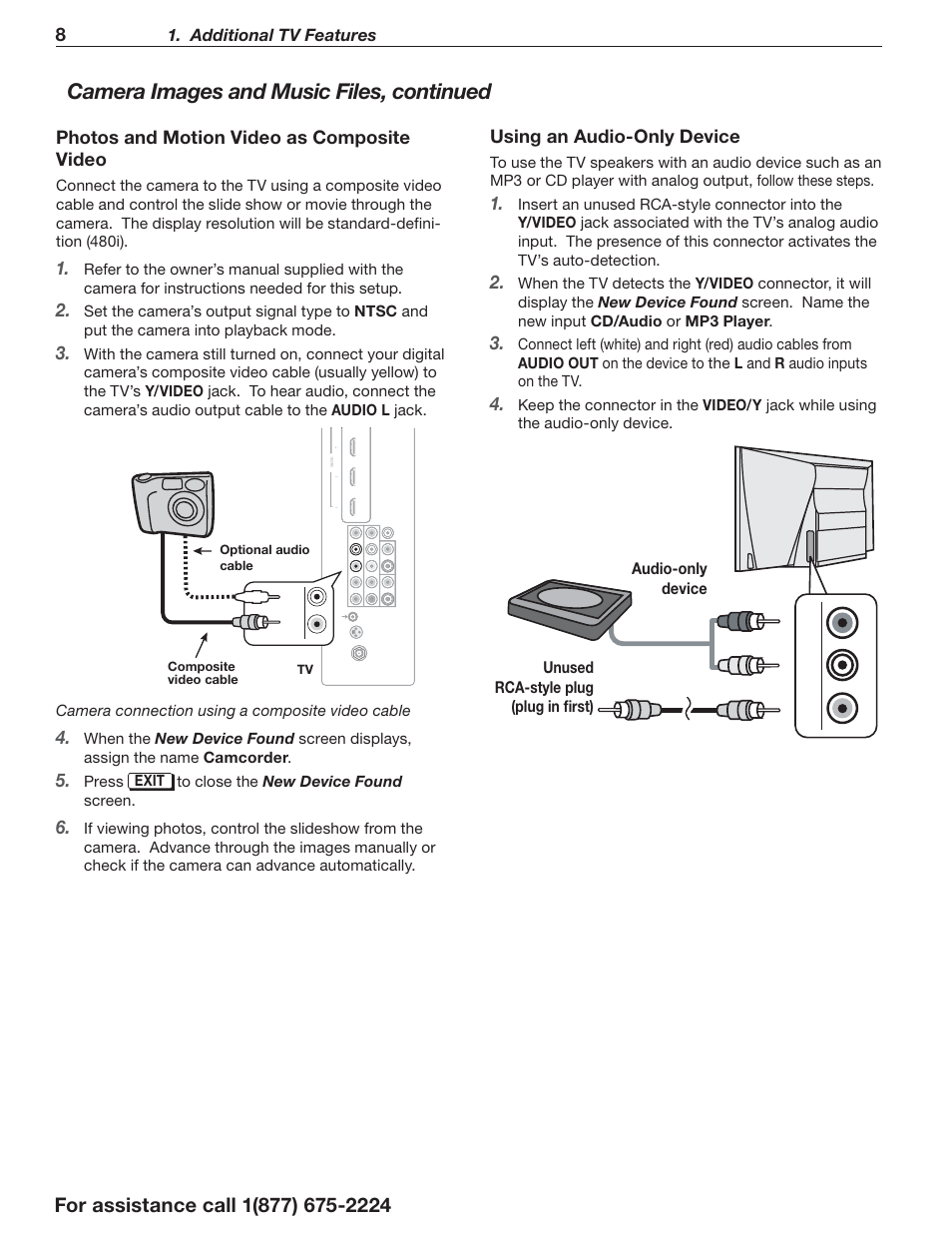 Camera images and music files, continued, Phot os and motion video as composite video, Using an a udio- only device | Additional tv features, Camera connection using a composite video cable, Press exit to close the new device found screen, Tv composite video cable optional audio cable | MITSUBISHI ELECTRIC LaserVue L75-A94 User Manual | Page 8 / 50