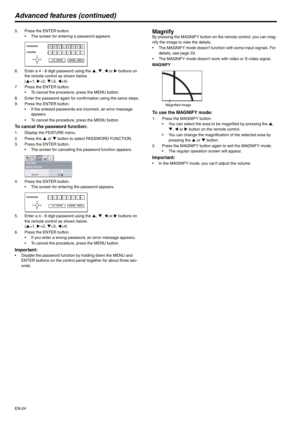 Advanced features (continued), Magnify | MITSUBISHI ELECTRIC XD510U User Manual | Page 24 / 34