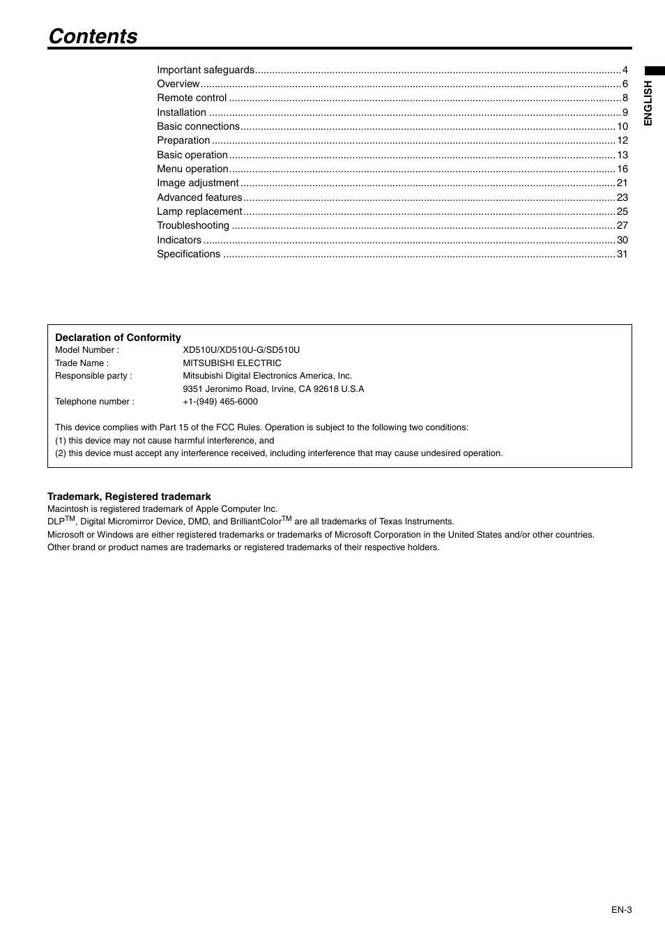 MITSUBISHI ELECTRIC XD510U User Manual | Page 3 / 34