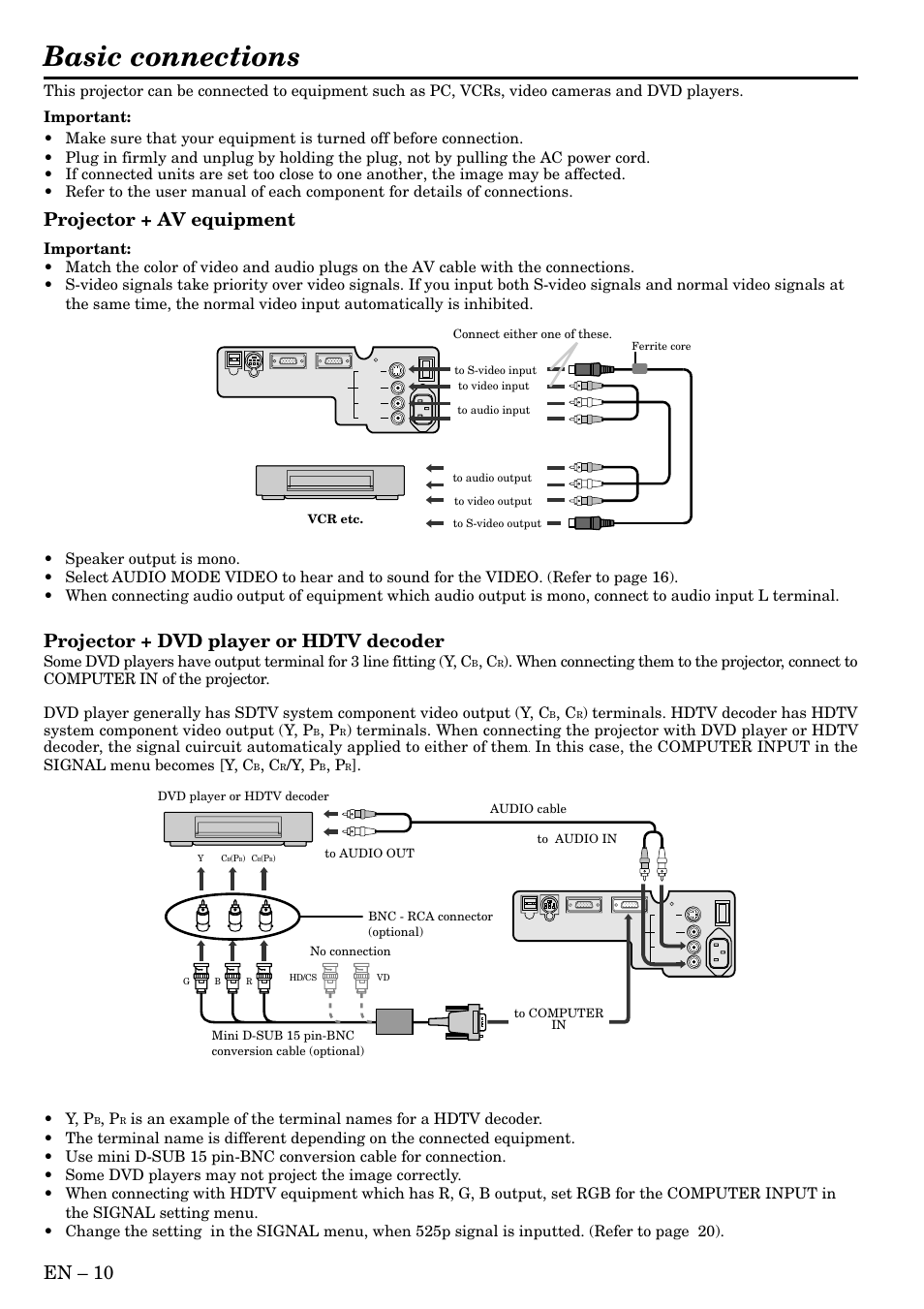 Basic connections, En – 10, Projector + av equipment | Projector + dvd player or hdtv decoder, Y, p | MITSUBISHI ELECTRIC LVP-X80U User Manual | Page 10 / 29