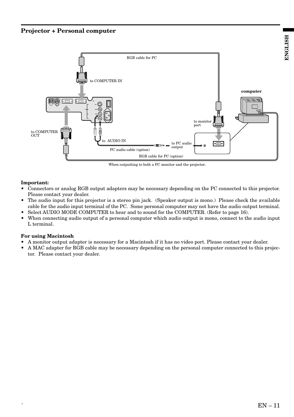 En – 11, Projector + personal computer, English | MITSUBISHI ELECTRIC LVP-X80U User Manual | Page 11 / 29