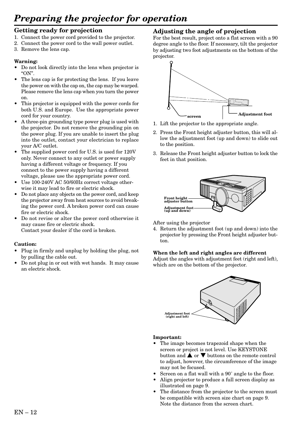 Preparing the projector for operation | MITSUBISHI ELECTRIC LVP-X80U User Manual | Page 12 / 29