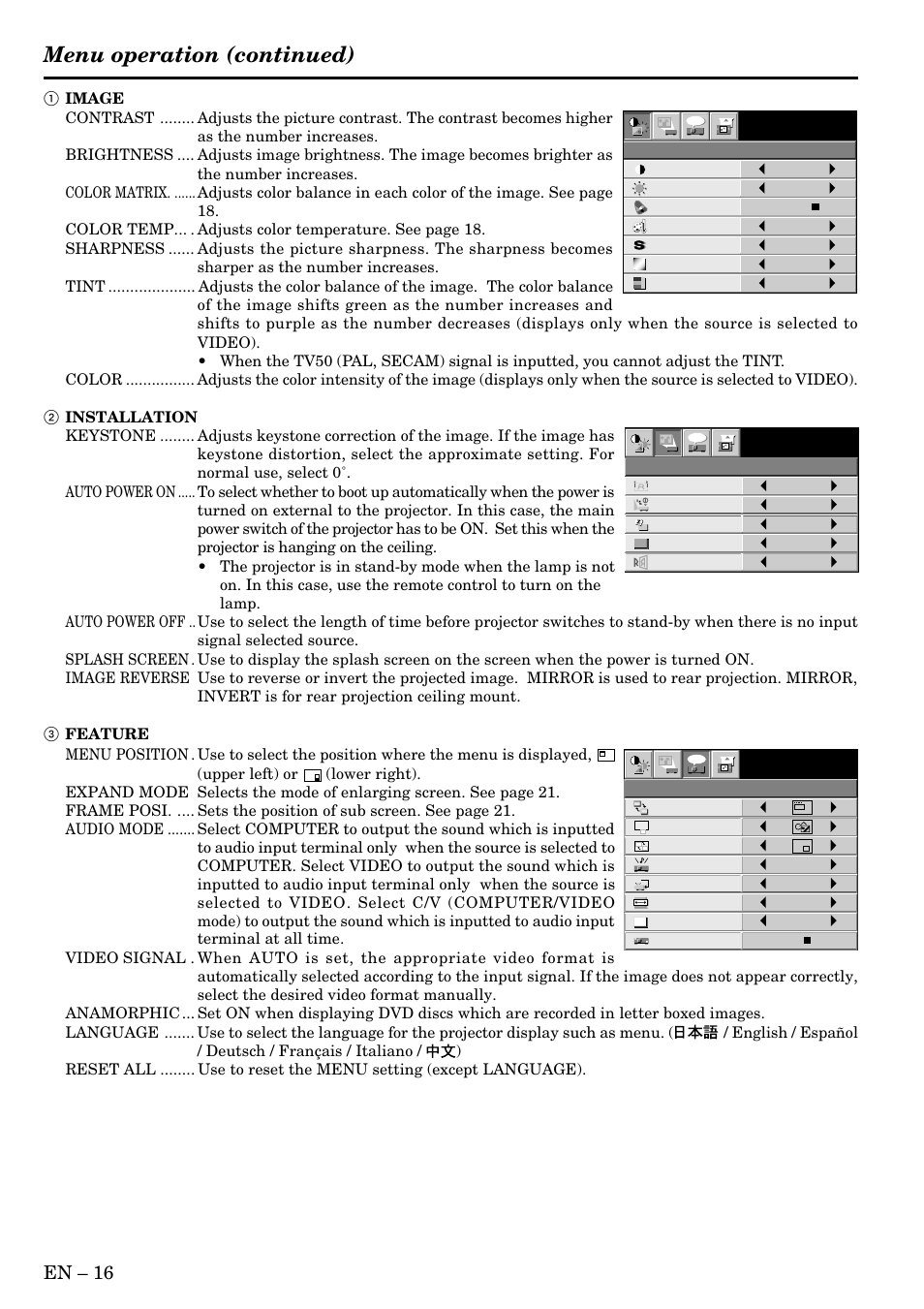 Menu operation (continued), En – 16 | MITSUBISHI ELECTRIC LVP-X80U User Manual | Page 16 / 29