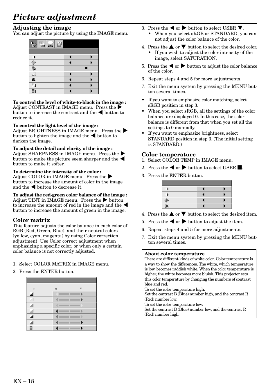 Picture adjustment, En – 18 adjusting the image, Color matrix | Color temperature | MITSUBISHI ELECTRIC LVP-X80U User Manual | Page 18 / 29