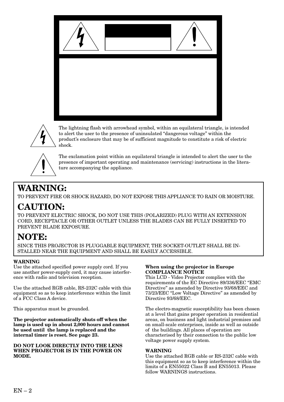 Caution, Warning | MITSUBISHI ELECTRIC LVP-X80U User Manual | Page 2 / 29