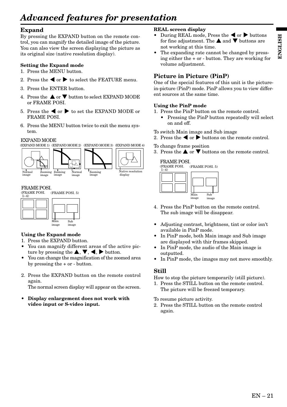 Advanced features for presentation, En – 21, Expand | Picture in picture (pinp), Still | MITSUBISHI ELECTRIC LVP-X80U User Manual | Page 21 / 29