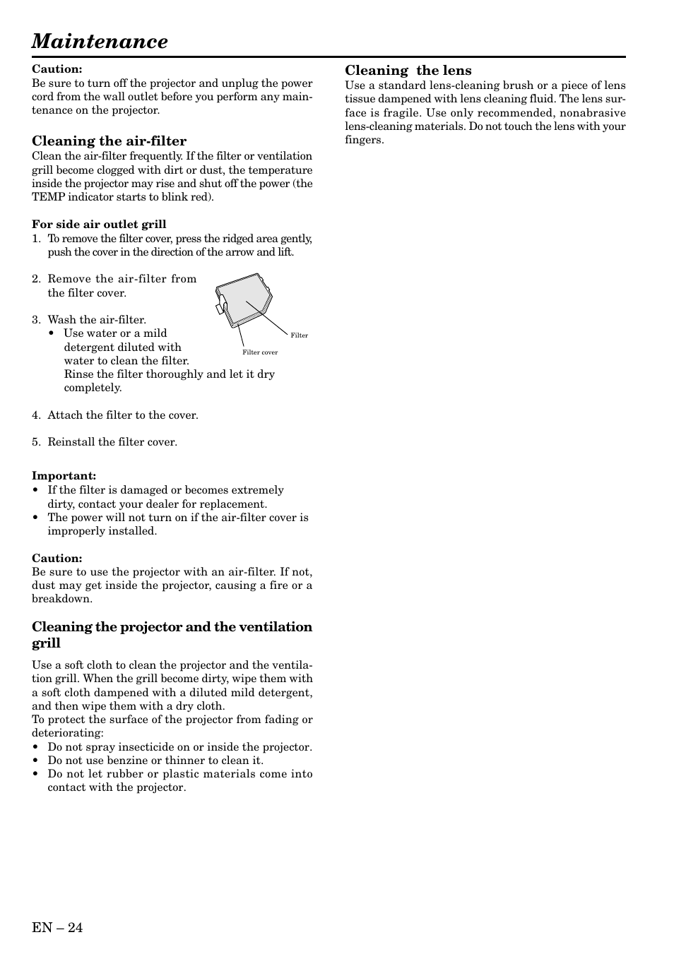 Maintenance | MITSUBISHI ELECTRIC LVP-X80U User Manual | Page 24 / 29