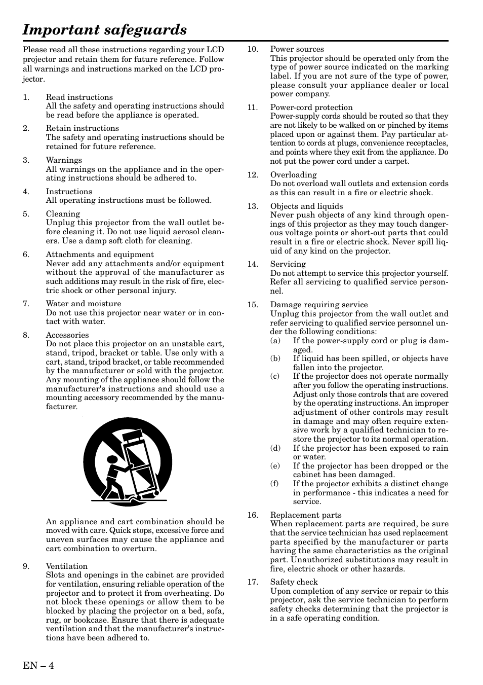 Important safeguards | MITSUBISHI ELECTRIC LVP-X80U User Manual | Page 4 / 29