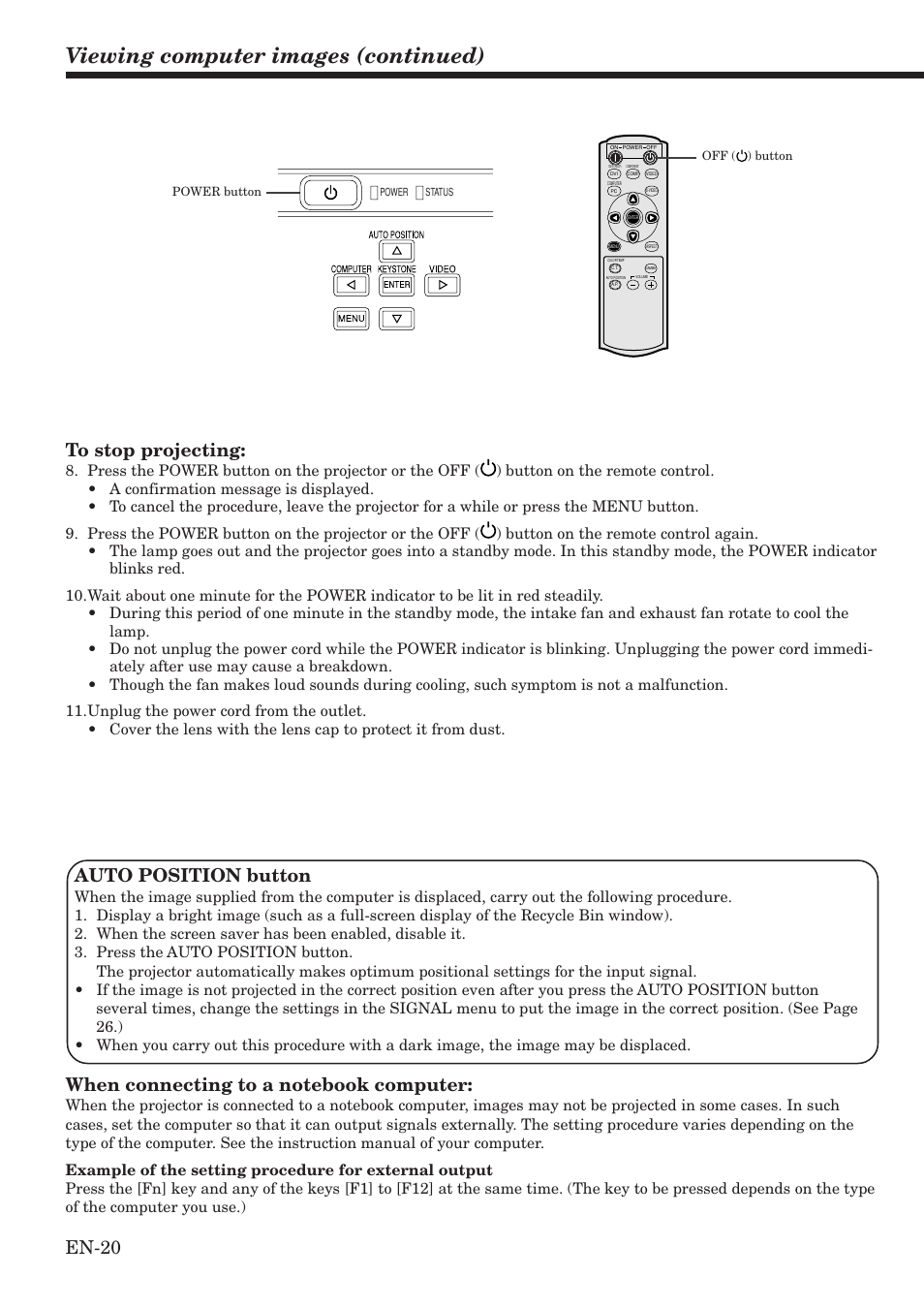 Viewing computer images (continued), En-20 auto position button | MITSUBISHI ELECTRIC HC100 User Manual | Page 20 / 37