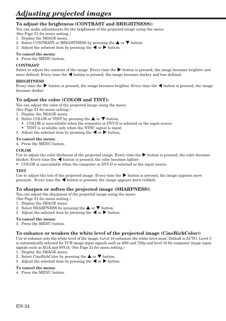 Adjusting projected images | MITSUBISHI ELECTRIC HC100 User Manual | Page 24 / 37