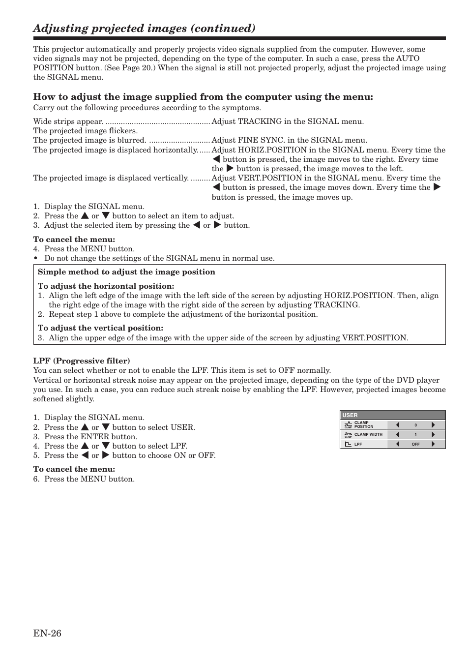 Adjusting projected images (continued), En-26 | MITSUBISHI ELECTRIC HC100 User Manual | Page 26 / 37