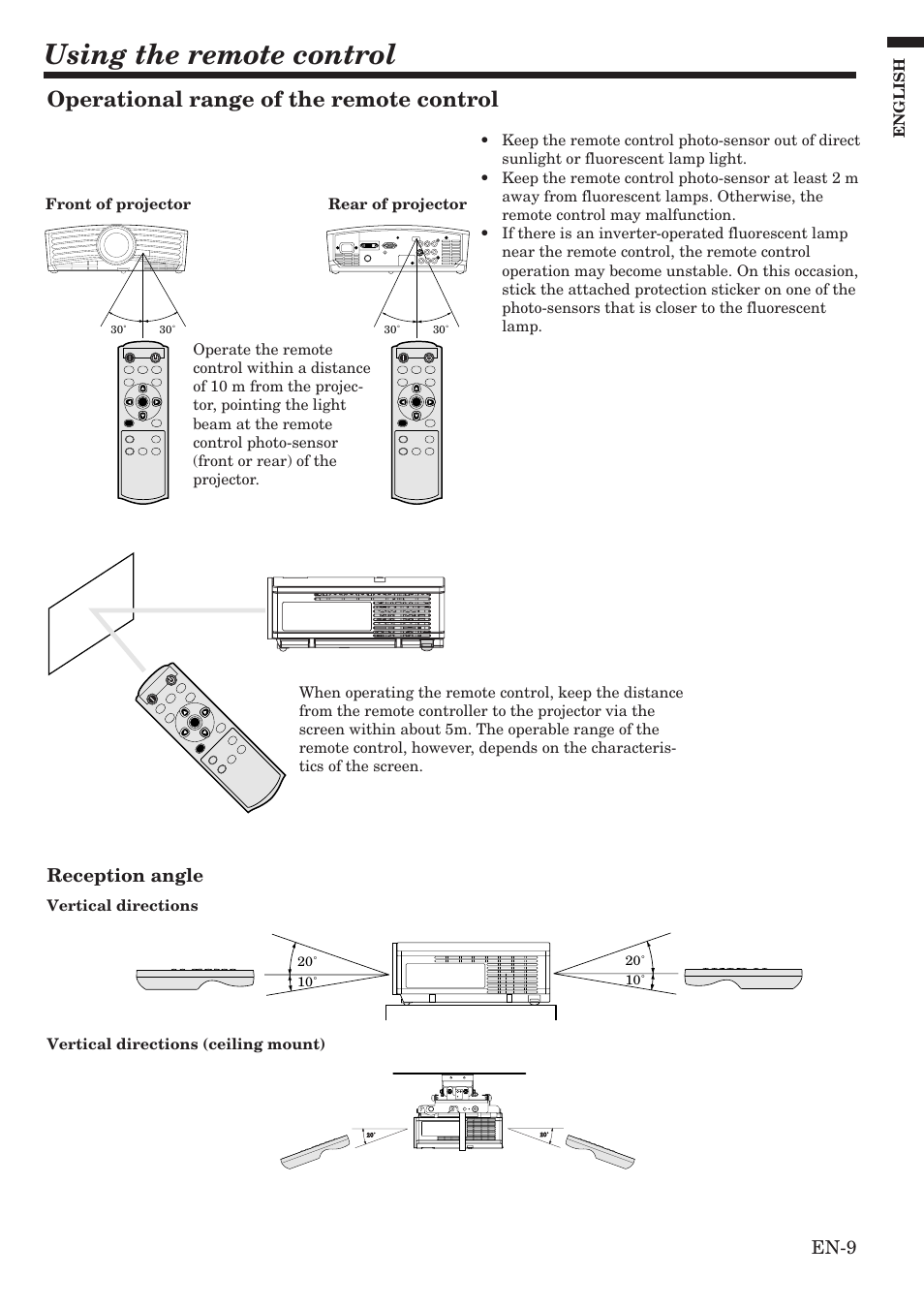 Using the remote control, Operational range of the remote control, En-9 | Reception angle | MITSUBISHI ELECTRIC HC100 User Manual | Page 9 / 37