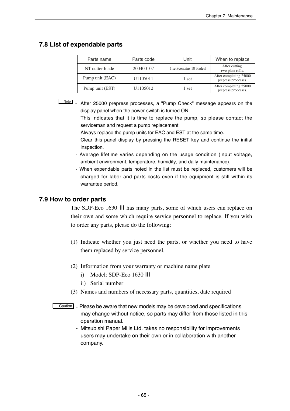 8 list of expendable parts, 9 how to order parts | MITSUBISHI ELECTRIC SDP-Eco 1630 III User Manual | Page 73 / 83