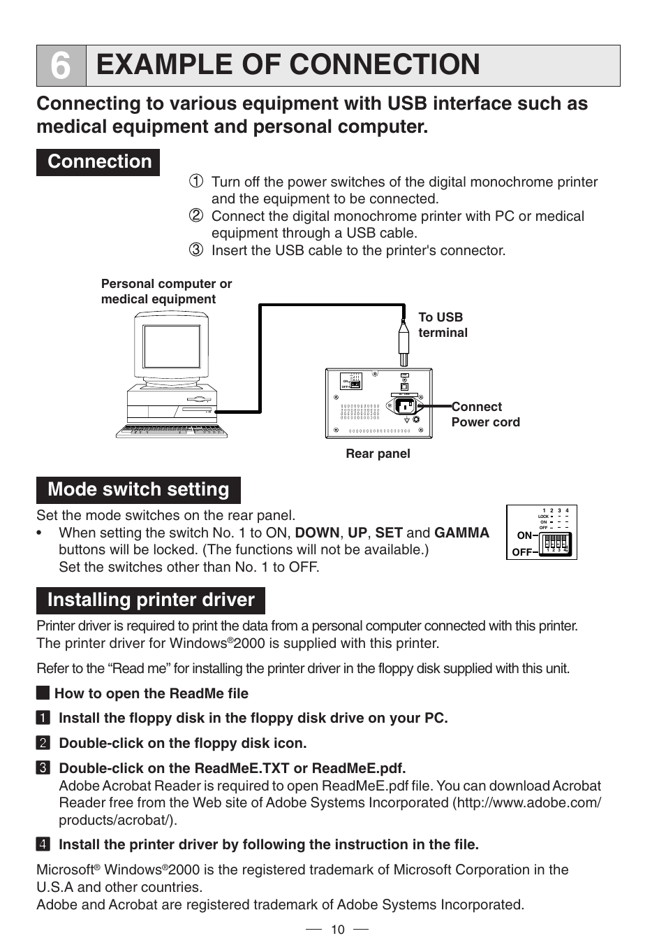 Example of connection, Mode switch setting, Installing printer driver | MITSUBISHI ELECTRIC P91DW(UB) User Manual | Page 13 / 25