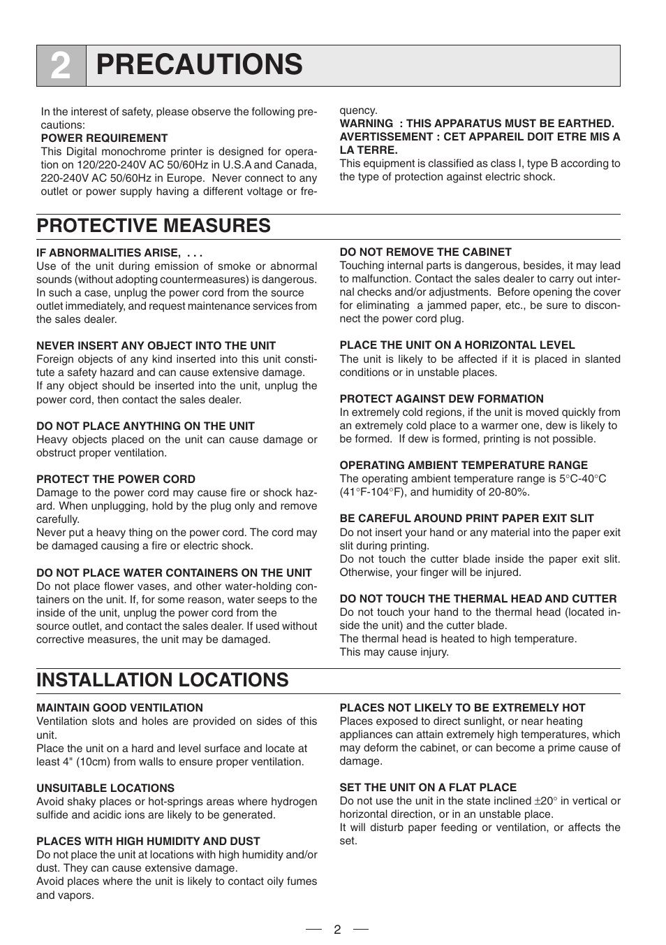 Precautions, Protective measures, Installation locations | MITSUBISHI ELECTRIC P91DW(UB) User Manual | Page 5 / 25