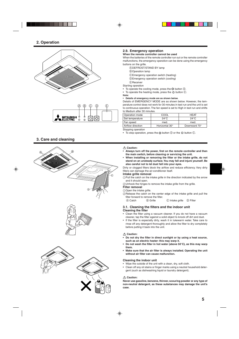 Care and cleaning, Operation | MITSUBISHI ELECTRIC SLZ-A09 User Manual | Page 5 / 8