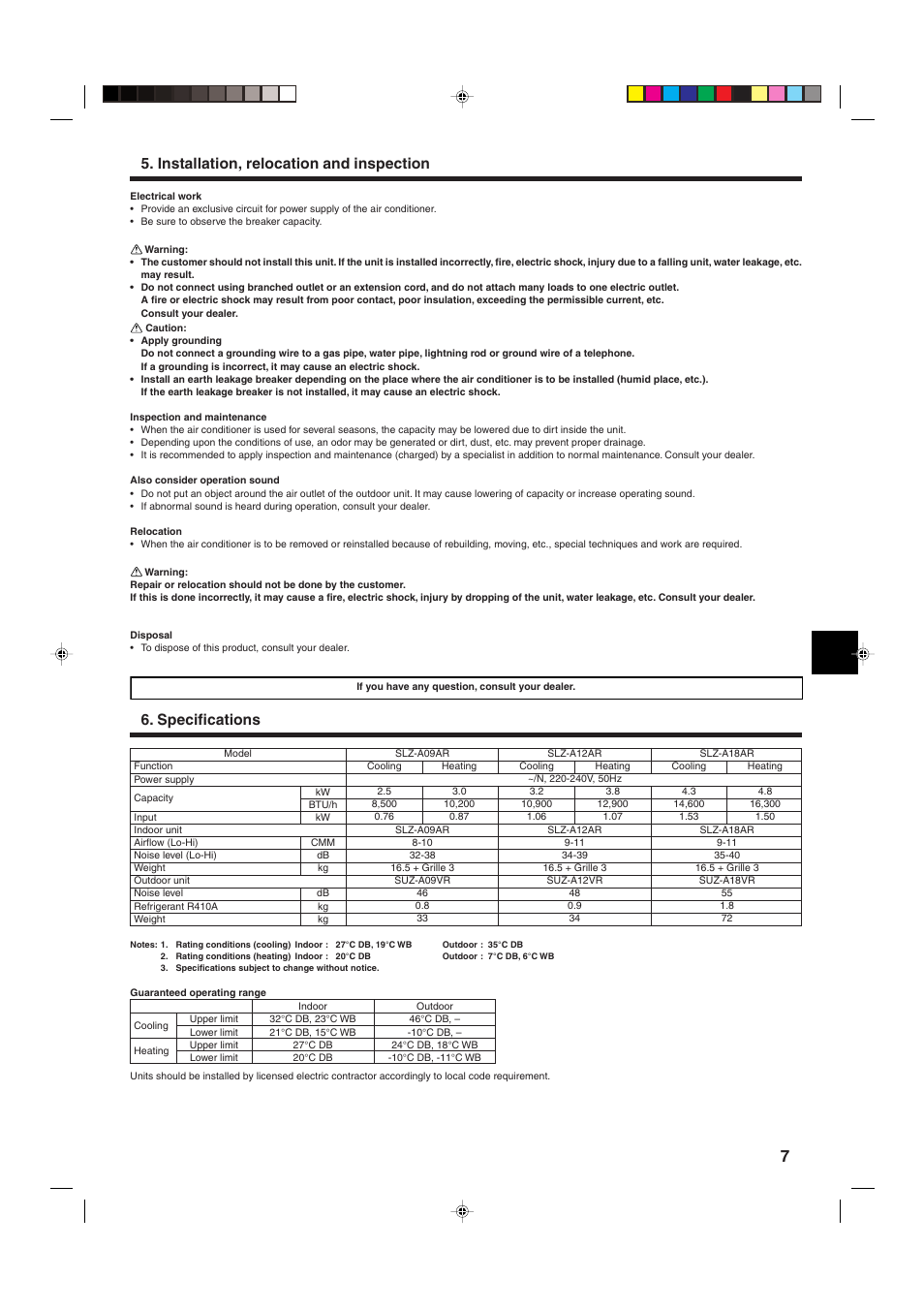 Installation, relocation and inspection, Specifications | MITSUBISHI ELECTRIC SLZ-A09 User Manual | Page 7 / 8