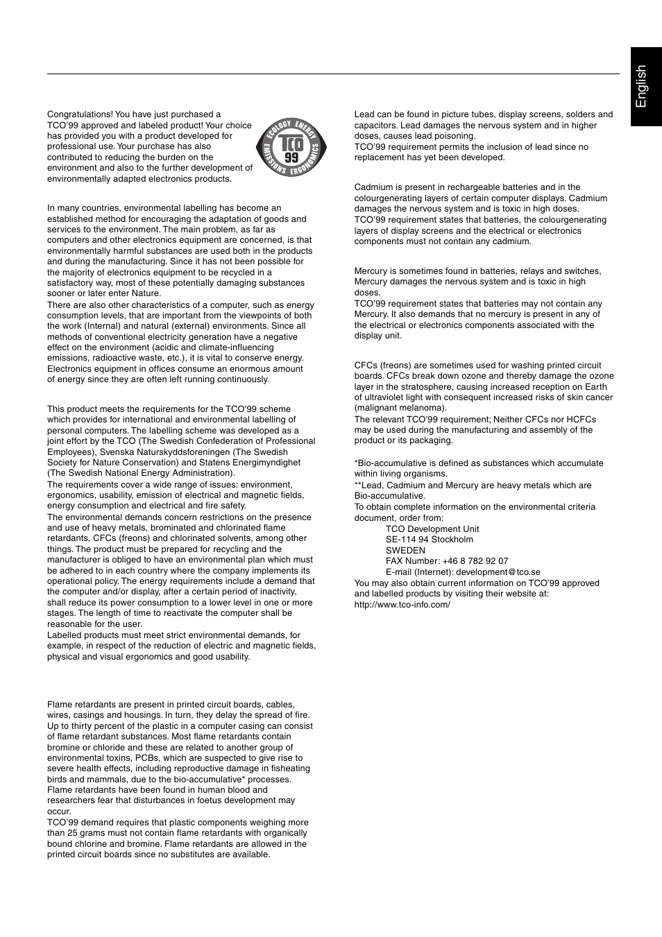 Tco’99, English | MITSUBISHI ELECTRIC MultiSync LCD1920NX User Manual | Page 17 / 18