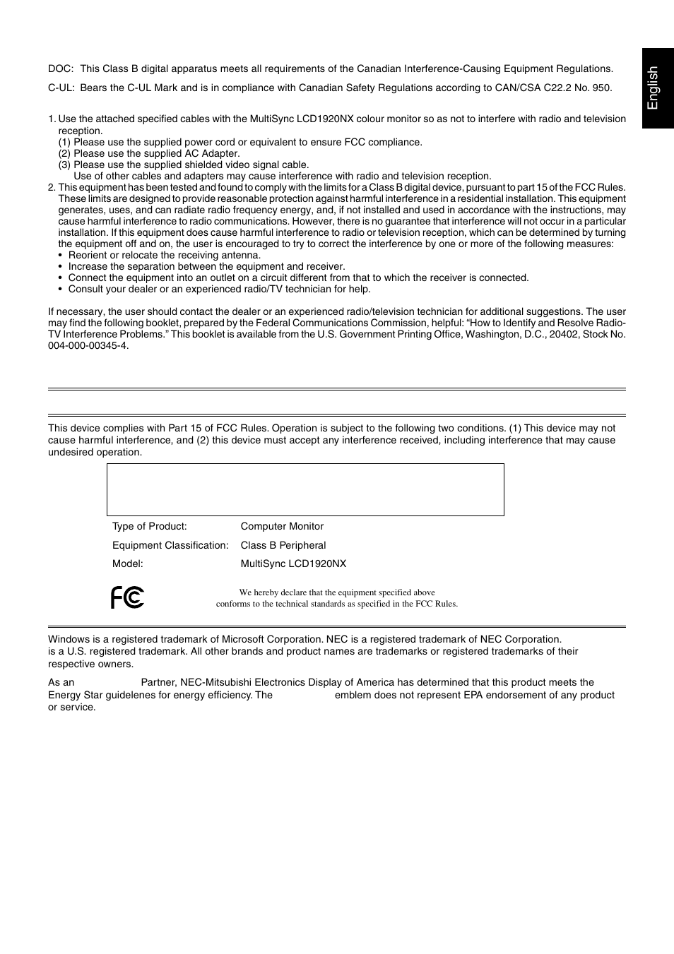 Declaration of conformity, English | MITSUBISHI ELECTRIC MultiSync LCD1920NX User Manual | Page 3 / 18