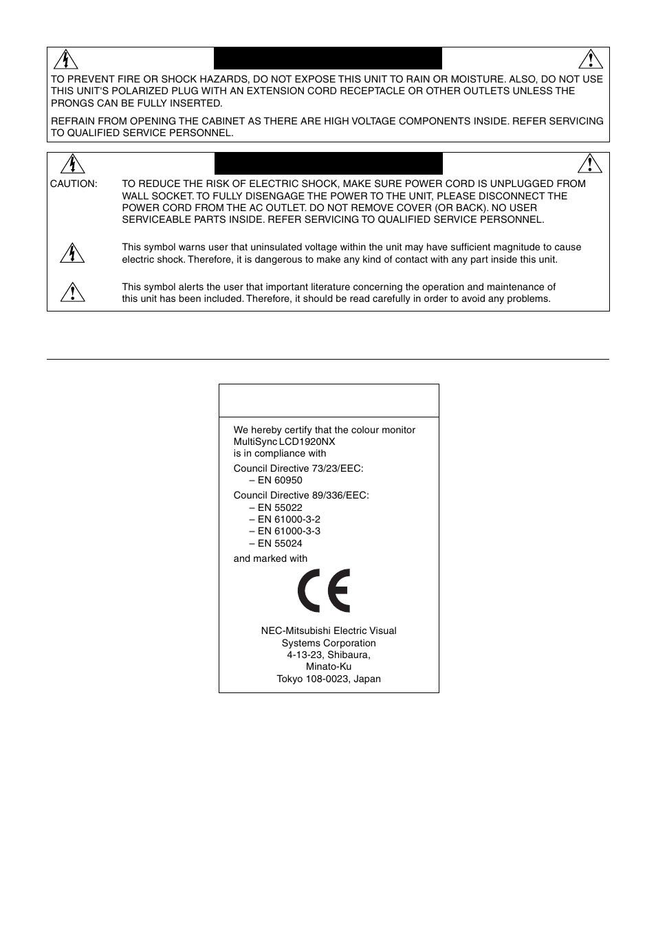 Declaration, Warning caution, Declaration of the manufacturer | MITSUBISHI ELECTRIC MultiSync LCD1920NX User Manual | Page 4 / 18