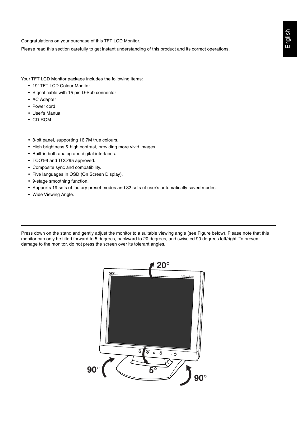 Getting started, Adjusting the monitor, Package contents | Unique features | MITSUBISHI ELECTRIC MultiSync LCD1920NX User Manual | Page 5 / 18