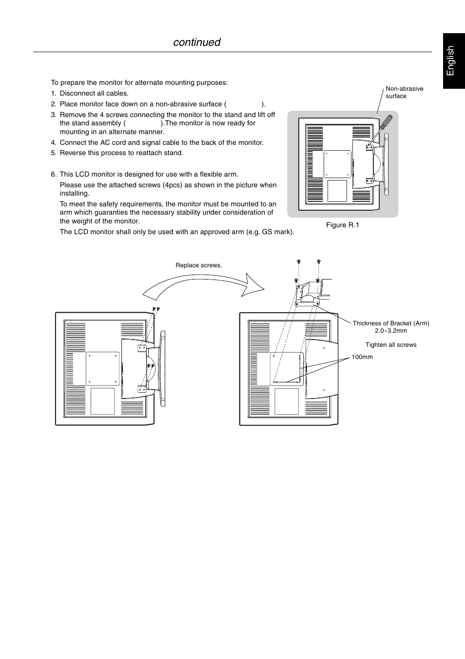 Quick installation - continued, Quick installation, Continued remove monitor stand for mounting | English | MITSUBISHI ELECTRIC MultiSync LCD1920NX User Manual | Page 7 / 18