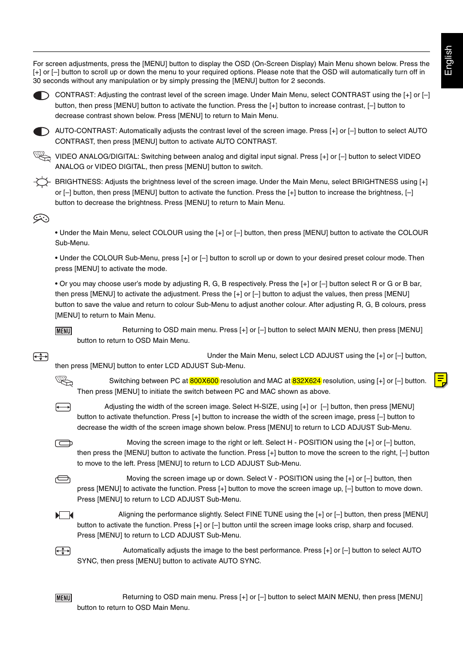 Osd main menu, English | MITSUBISHI ELECTRIC MultiSync LCD1920NX User Manual | Page 9 / 18