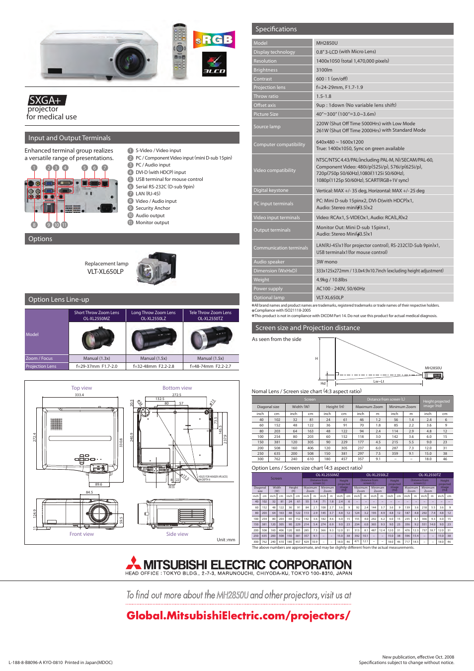Mh2850u, Sxga, For medical use projector | Screen size and projection distance, Options vlt-xl650lp | MITSUBISHI ELECTRIC MH2850U User Manual | Page 2 / 2