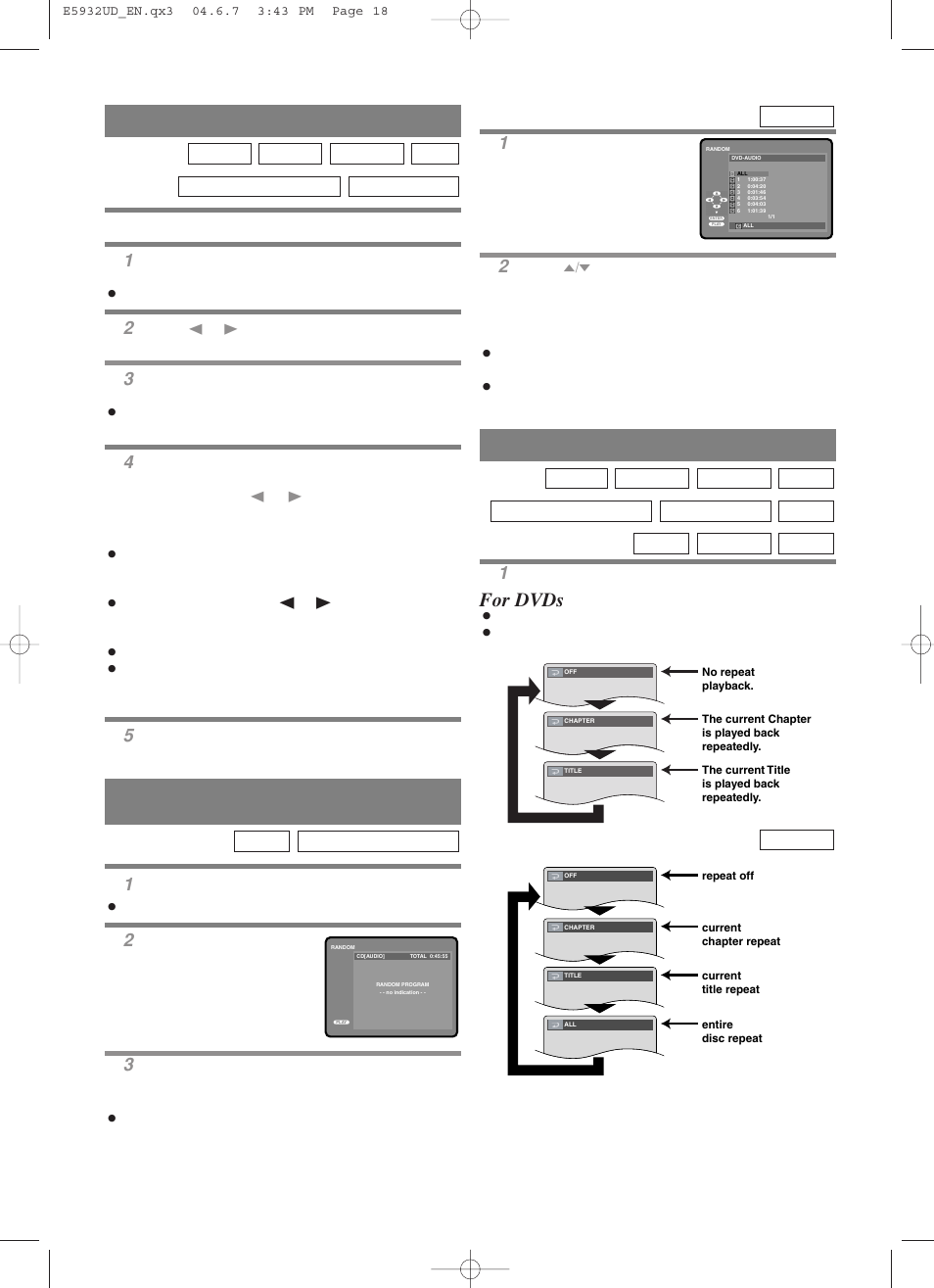 Random (cd / super audio cd / dvd-a), Repeat, Marker setup screen | For dvds, Dvd-a, Super audio cd cd, Vcd ( ) super audio cd cd dvd-rw dvd-v dvd-a | MITSUBISHI ELECTRIC DD-8050 User Manual | Page 18 / 40