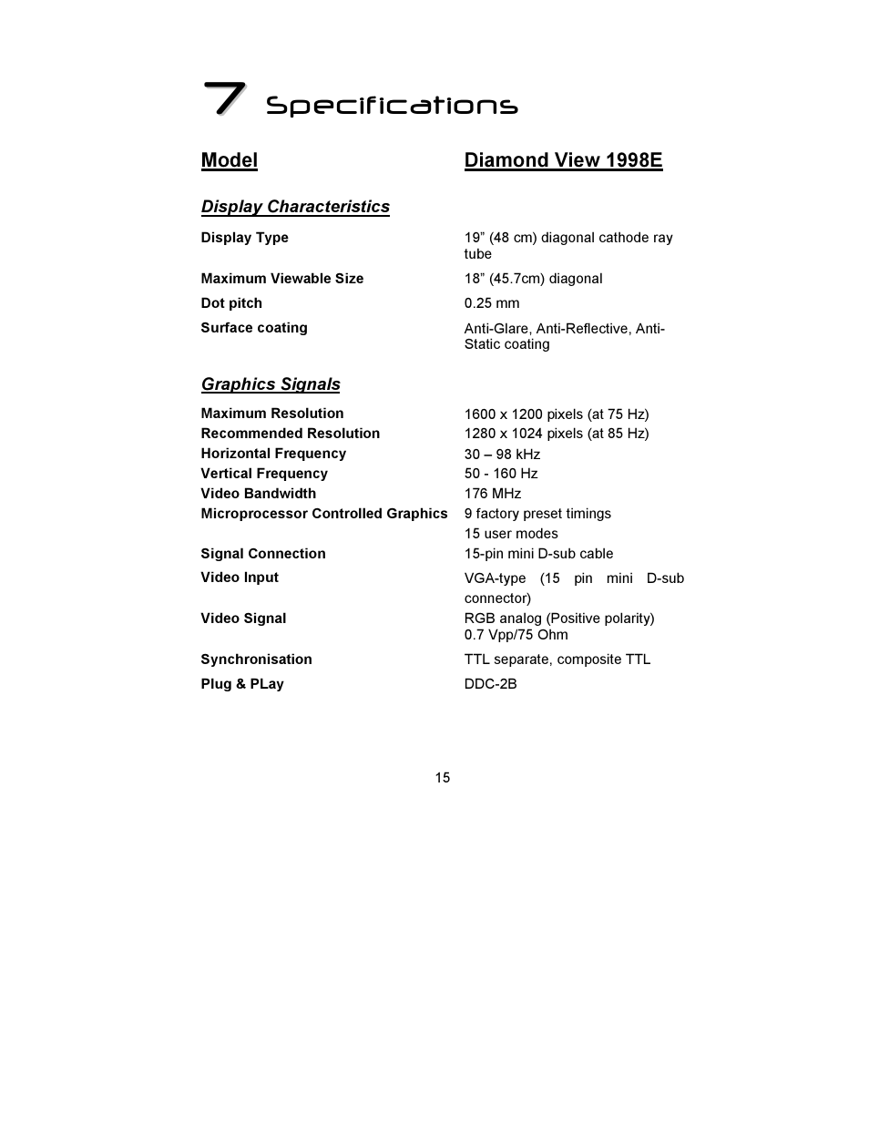 Specifications | MITSUBISHI ELECTRIC DIAMOND VIEW  1998E User Manual | Page 19 / 22