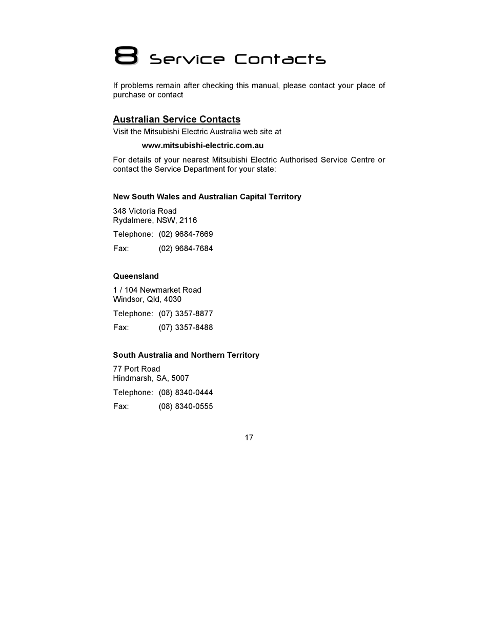 Service contacts | MITSUBISHI ELECTRIC DIAMOND VIEW  1998E User Manual | Page 21 / 22