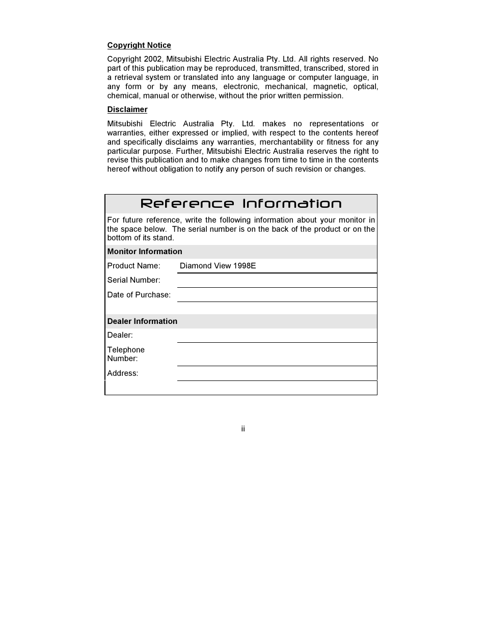 Reference information | MITSUBISHI ELECTRIC DIAMOND VIEW  1998E User Manual | Page 4 / 22