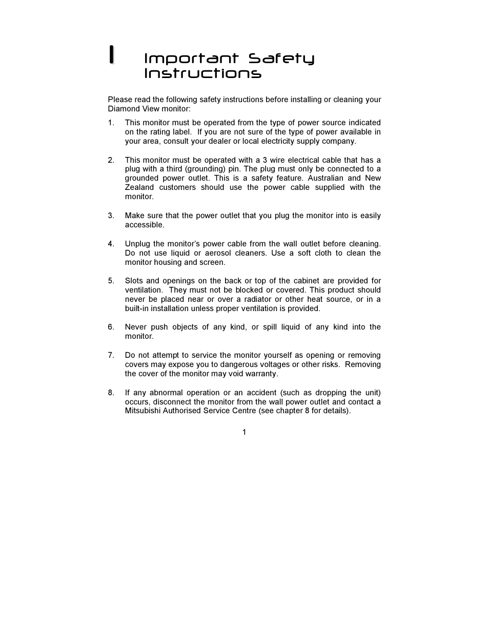 Important safety instructions | MITSUBISHI ELECTRIC DIAMOND VIEW  1998E User Manual | Page 5 / 22