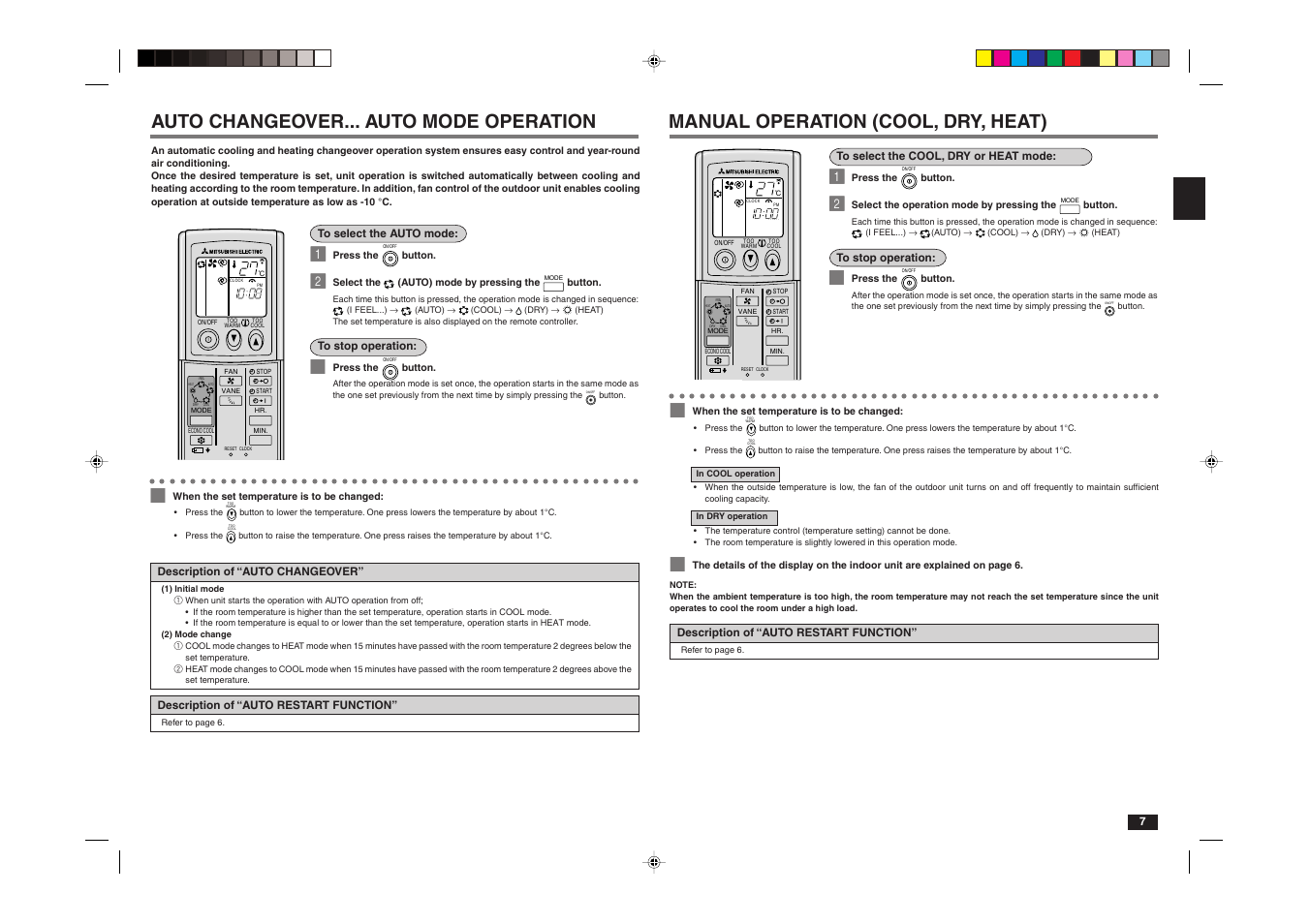 Auto changeover... auto mode operation, Manual operation (cool, dry, heat) | MITSUBISHI ELECTRIC MCFZ-A12WV User Manual | Page 7 / 13