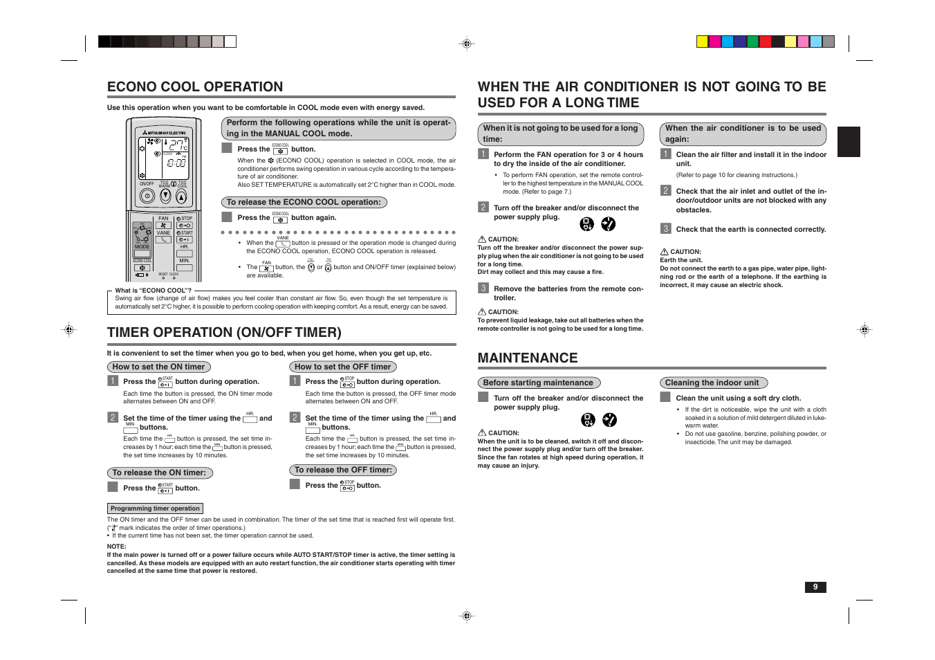 Econo cool operation, Timer operation (on/off timer), Maintenance | MITSUBISHI ELECTRIC MCFZ-A12WV User Manual | Page 9 / 13