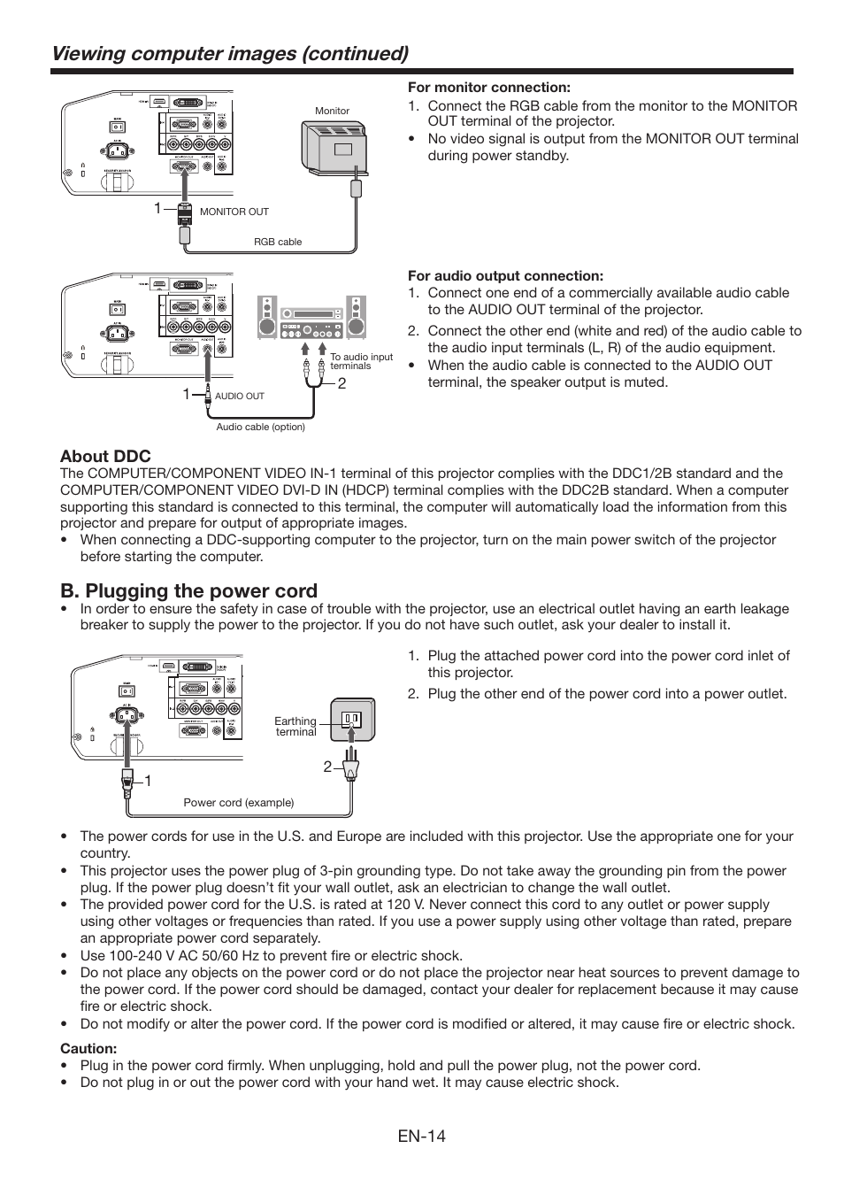 Viewing computer images (continued), B. plugging the power cord, En-14 | About ddc | MITSUBISHI ELECTRIC XD3200U User Manual | Page 14 / 53