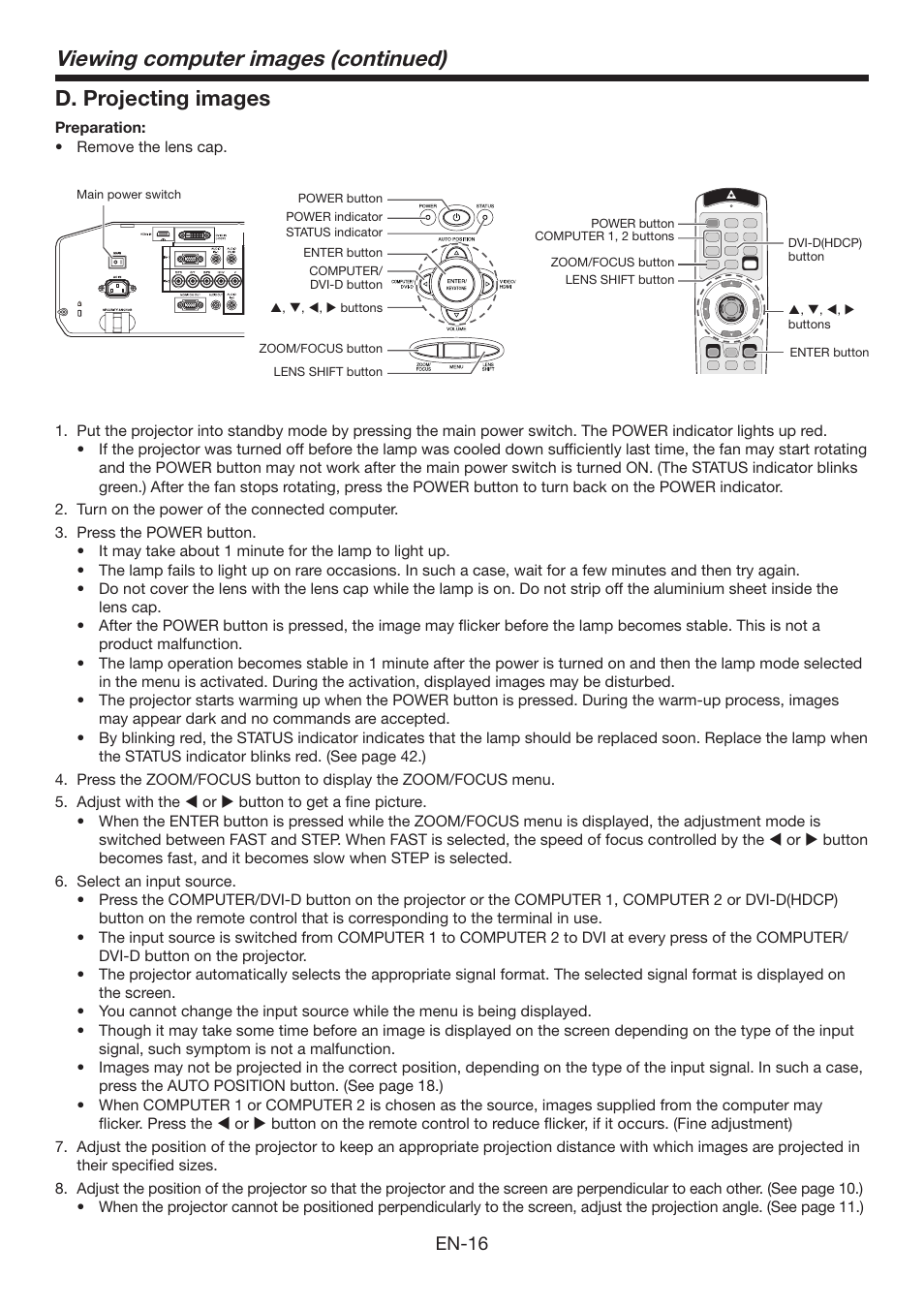 Viewing computer images (continued), D. projecting images, En-16 | MITSUBISHI ELECTRIC XD3200U User Manual | Page 16 / 53