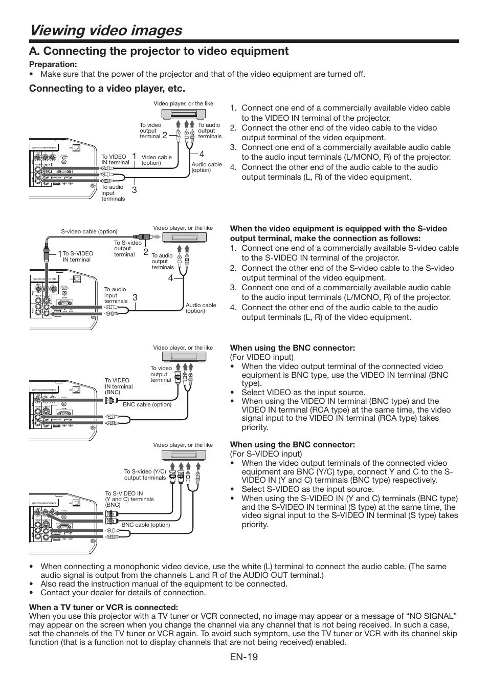 Viewing video images, A. connecting the projector to video equipment, En-19 | Connecting to a video player, etc | MITSUBISHI ELECTRIC XD3200U User Manual | Page 19 / 53