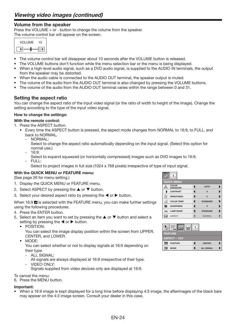 Viewing video images (continued), En-24 volume from the speaker, Setting the aspect ratio | MITSUBISHI ELECTRIC XD3200U User Manual | Page 24 / 53