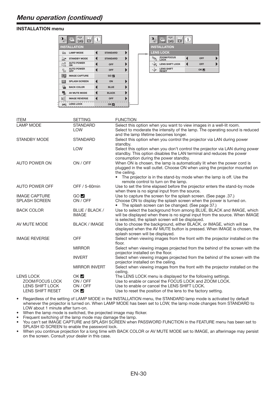 Menu operation (continued), En-30, Installation menu | MITSUBISHI ELECTRIC XD3200U User Manual | Page 30 / 53