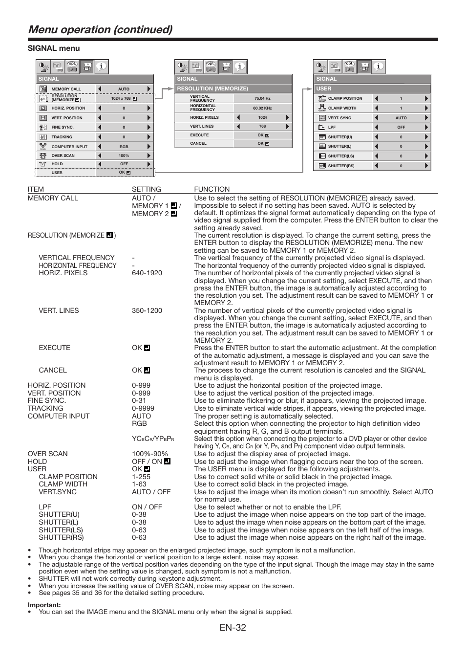 Menu operation (continued), En-32, Signal menu | MITSUBISHI ELECTRIC XD3200U User Manual | Page 32 / 53