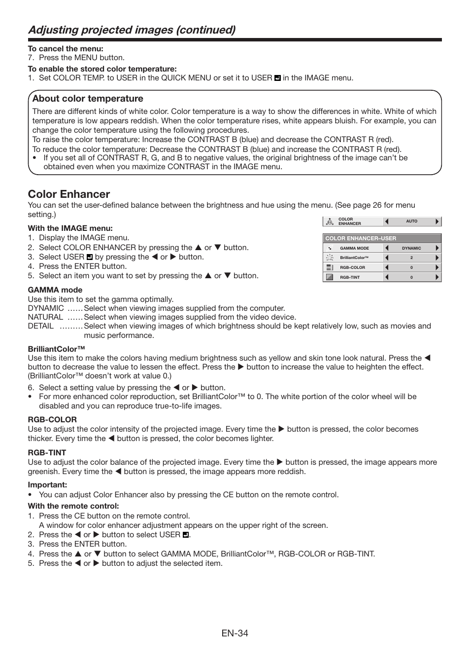 Adjusting projected images (continued), Color enhancer, En-34 | About color temperature | MITSUBISHI ELECTRIC XD3200U User Manual | Page 34 / 53