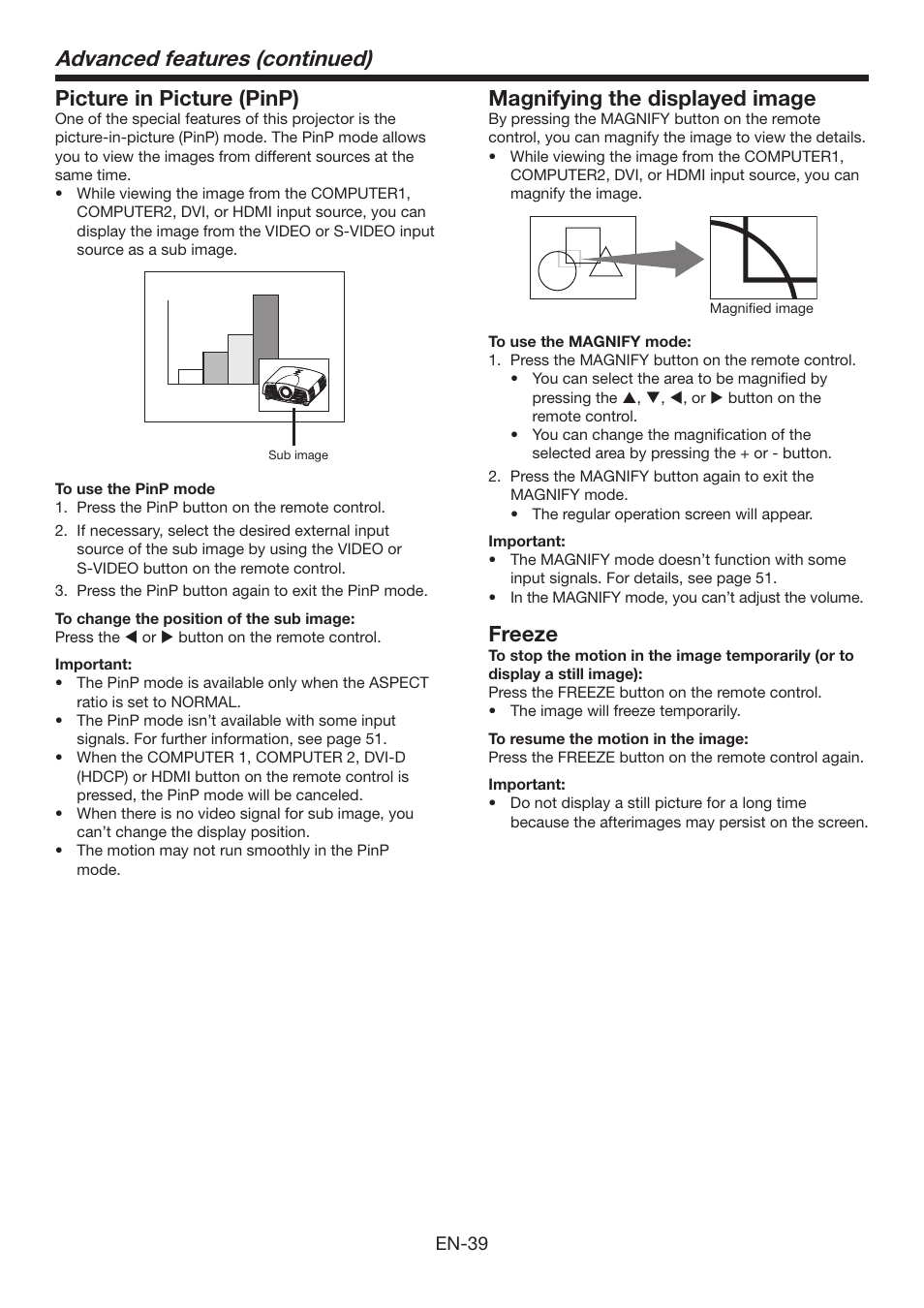 Advanced features (continued), Picture in picture (pinp), Magnifying the displayed image | Freeze | MITSUBISHI ELECTRIC XD3200U User Manual | Page 39 / 53